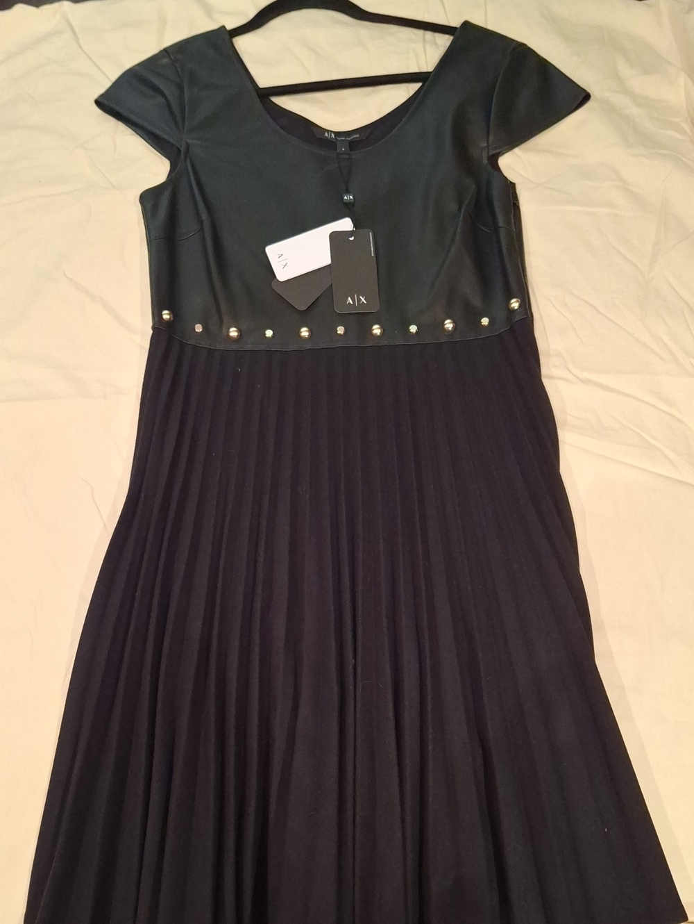 A/X Armani Exchange Black Pleated Dress with Stud Accents